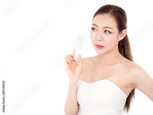 Beautiful asian woman on white isolated background, make up, healthy skin, beauty, cute asian woman concept