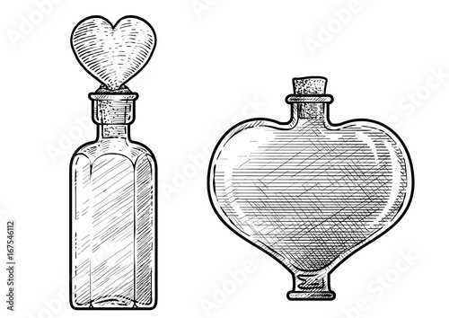 Potion, medicine bottle illustration, drawing, engraving, ink, line art, vector