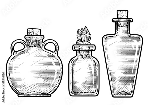 Potion, medicine bottle illustration, drawing, engraving, ink, line art, vector