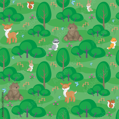Baby colorful seamless pattern with the image of a cute woodland animals. Vector background.