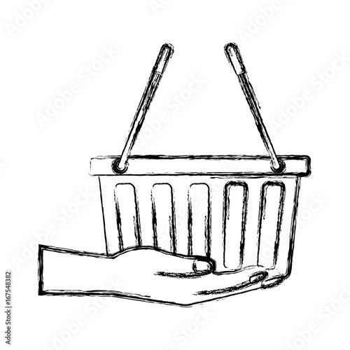 hand holding shopping basket market vector illustration