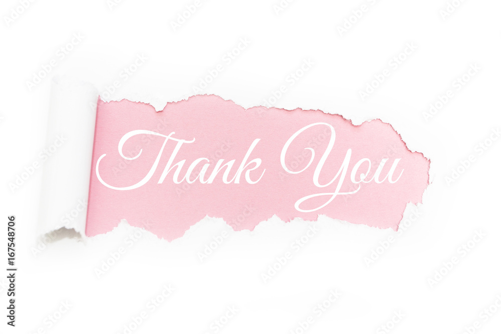 Fototapeta A capital letter of thanks in the rupture of paper on a pink background.