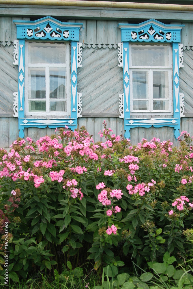 Carved wooden platbands on the windows of the village house and flowers in front of the windows.