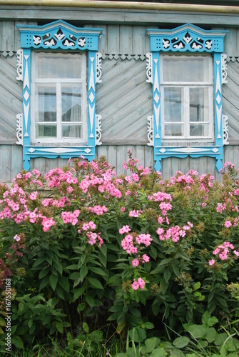 Carved wooden platbands on the windows of the village house and flowers in front of the windows.