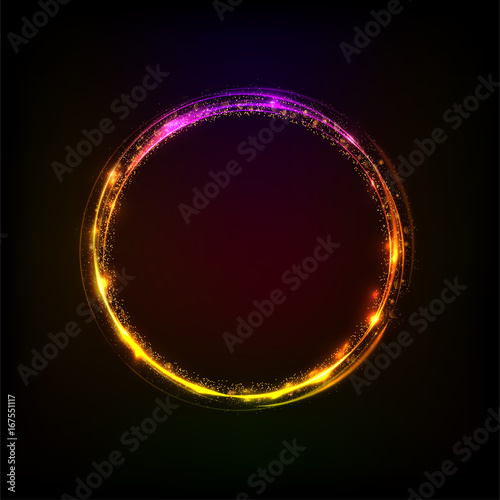 Circle transparent shiny light effect. Rotational glow line.Glowing ring trace background. Round frame with glitter vintage lights .Vector Magic sparkling swirl trail