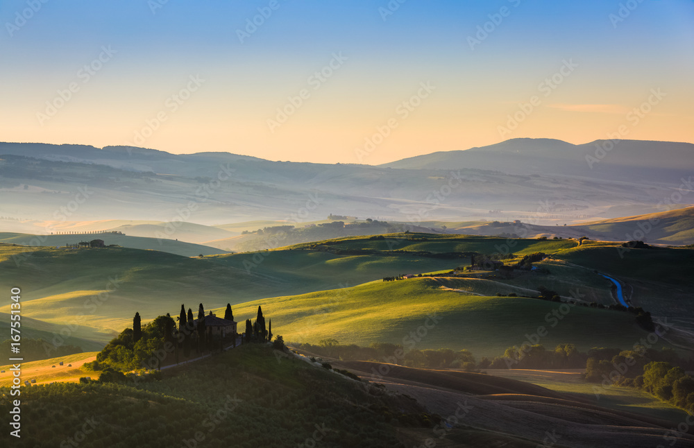 Fototapeta The rolling hills and green fields at sunrise, Tuscany, Italy
