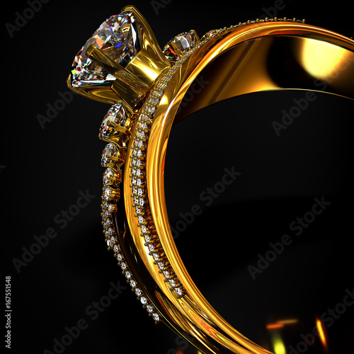 Engagement gold ring with brilliant gem. luxury jewellery bijouterie with gemstone diamond for wopman . Cropped of jewels on black background.