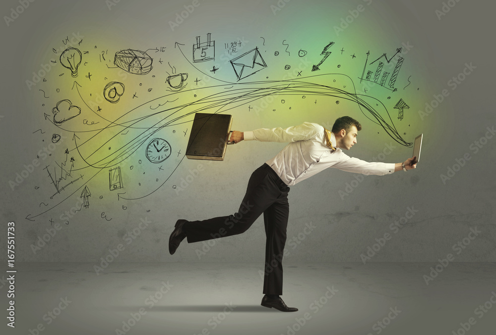 Business man in a rush with doodle media icons Business man in a rush with doodle media icons