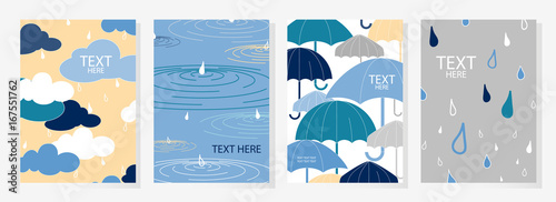 Set of 4 happy rainy day covers design. Cute poster in pastel tone. Vector illustration.