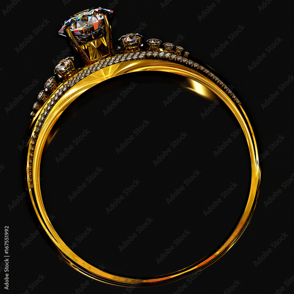 Engagement gold ring with gem. Luxury jewellery bijouterie band, with gemstone for people in love. Frontal view on black background. 3D rendering Bright sparks of sparkling stones.