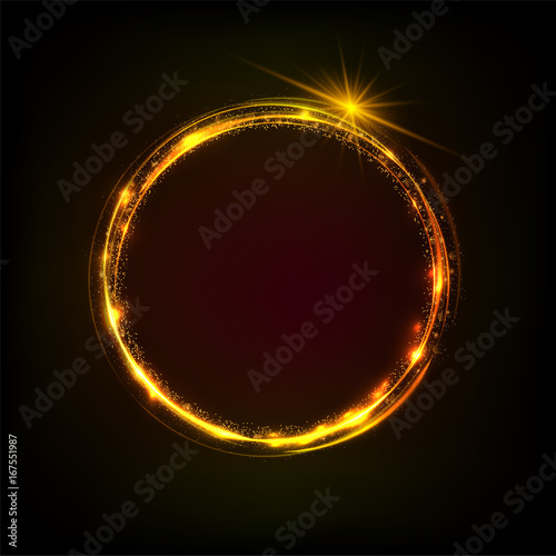 Circle transparent shiny light effect. Rotational glow line.Glowing ring trace background. Round frame with glitter vintage lights .Vector Magic sparkling swirl trail