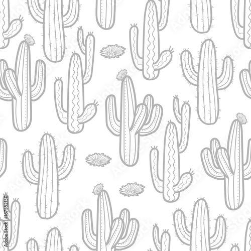 3 styles of cactus in light gray outline on white background. Seamless pattern vector illustration