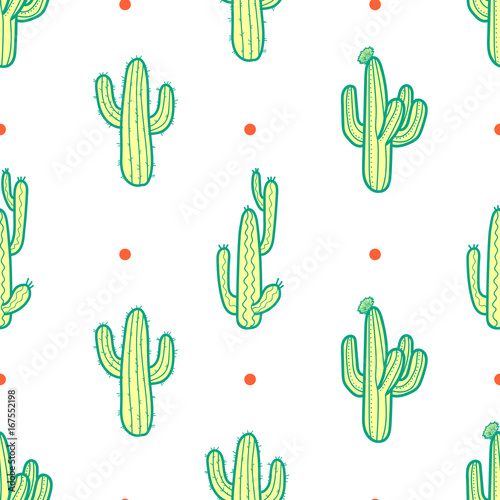 3 styles of colorful cactus in green outline and yellow plane with red dot on white background. Seamless pattern vector illustration.