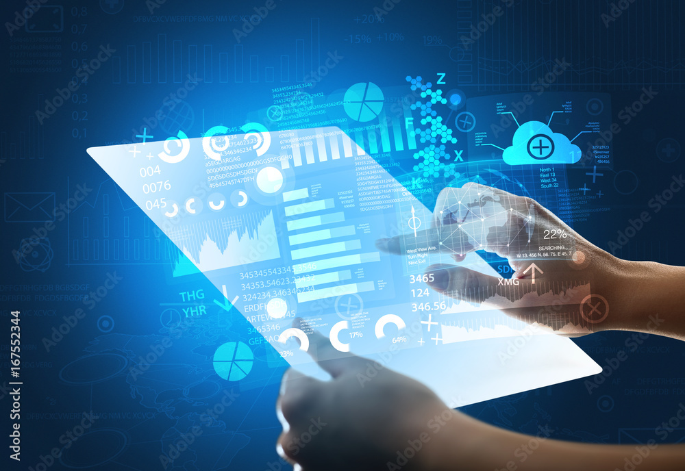 Hands touching a glass-like tablet with blue graphs Hands touching a glass-like tablet with blue graphs