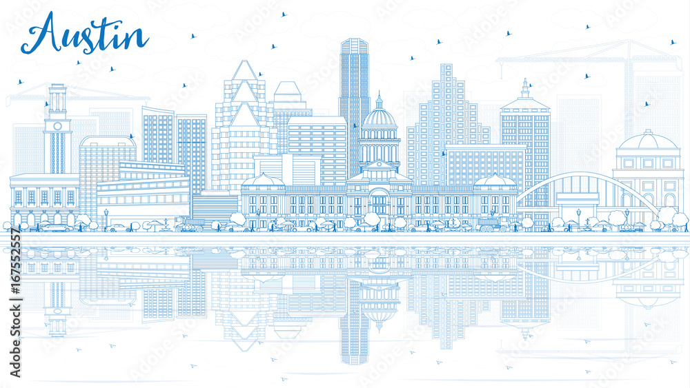 Outline Austin Skyline with Blue Buildings and Reflections.
