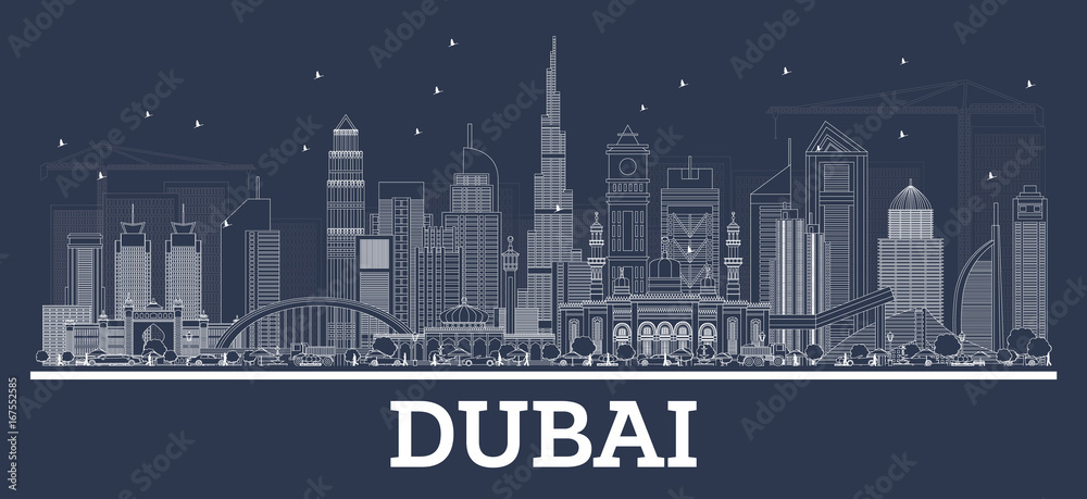 Outline Dubai UAE Skyline with Modern Architecture.
