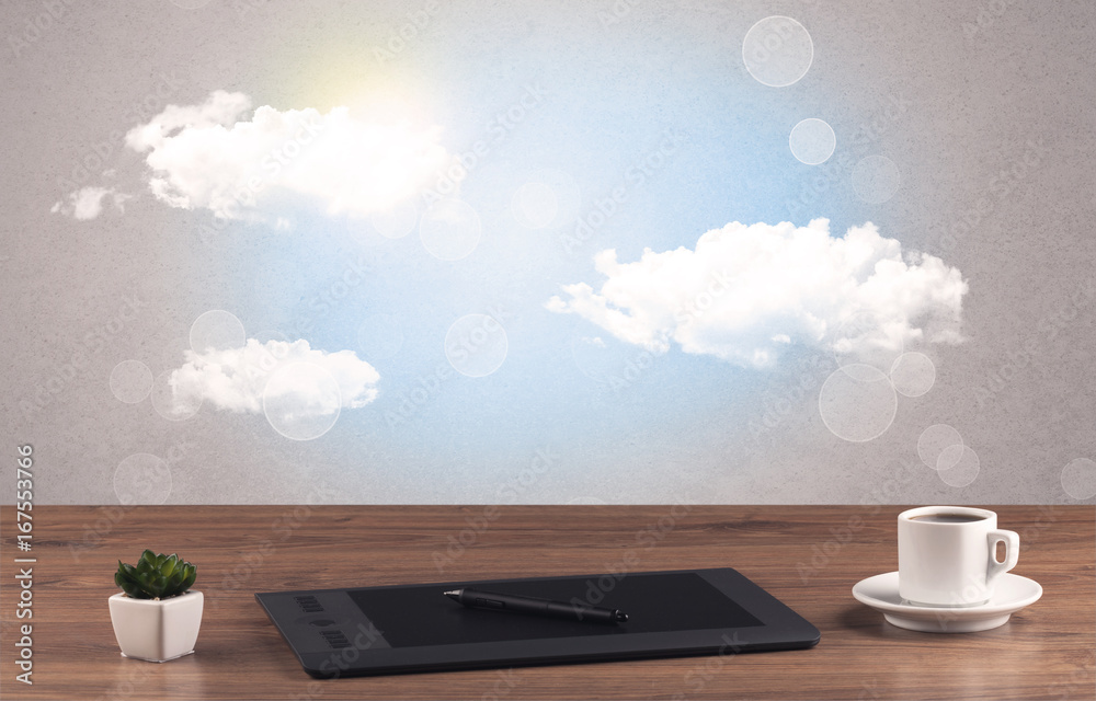 Bright sky with clouds and office desk Bright sky with clouds and office desk
