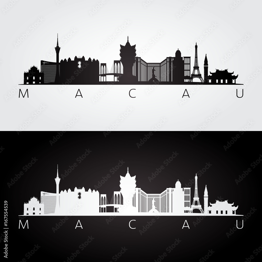 Macau skyline and landmarks silhouette, black and white design, vector illustration.