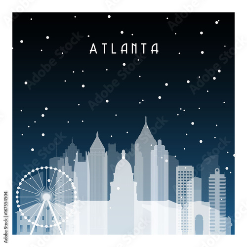 Winter night in Atlanta. Night city in flat style for banner, poster, illustration, game, background.