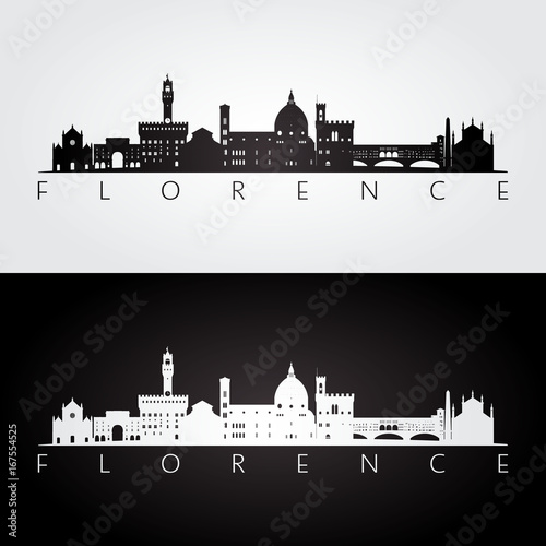 Florence skyline and landmarks silhouette, black and white design, vector illustration.