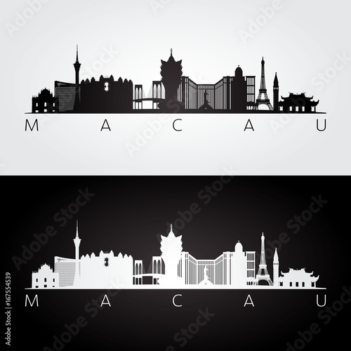 Macau skyline and landmarks silhouette, black and white design, vector illustration.
