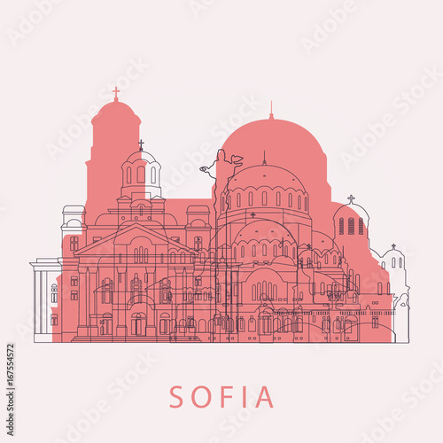 Outline Sofia skyline with landmarks. Vector illustration. Business travel and tourism concept with historic buildings. Image for presentation, banner, placard and web site.