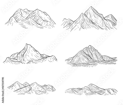 Set of hand drawn mountains sketch in engraving style. Vector illustration.