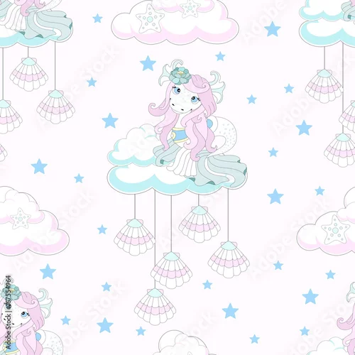 Tapeta Wzór z cute jednorożca. Piękne tło z chmurami. Ilustracji wektorowych.