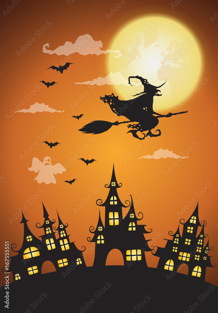 haunted house and full moon with witch,Halloween night background.Vector illustration.