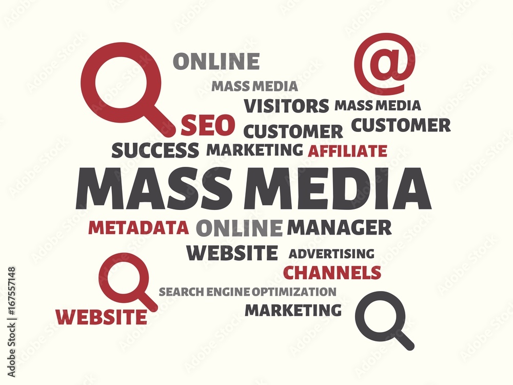 MASS MEDIA - image with words associated with the topic ONLINE MARKETING, word, image, illustration MASS MEDIA - image with words associated with the topic ONLINE MARKETING, word, image, illustration