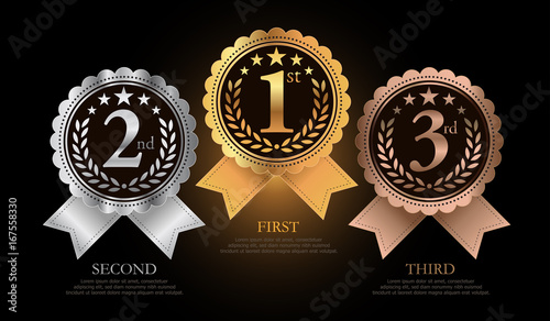 1st, 2nd, 3rd Sports awards three medals, gold, silver and bronze isolated on a black background