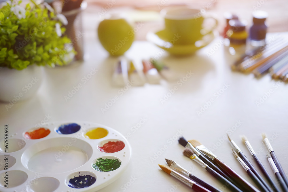 artist workplace a gadget tool artist on desk. artist workplace a gadget tool artist on desk.