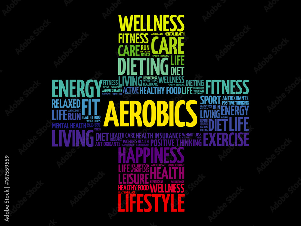 Aerobics word cloud collage, health cross concept Aerobics word cloud collage, health cross concept