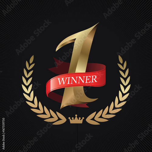 Winner Number One Gold With Red Ribbon Winner Logo Gold Branch On Round Pedestal Isolated On Black Background Poster Or Brochure Template Vector Illustration Stock ベクター Adobe Stock