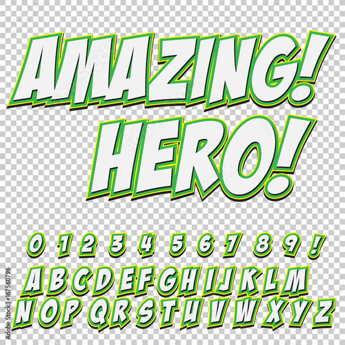 Creative high detail comic font. Alphabet of comics, pop art. Letters and figures for decoration of kids