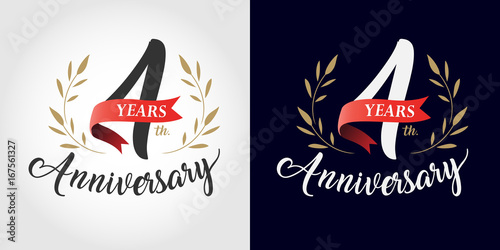 4 years anniversary number hand lettering and golden laurel wreath. Handmade calligraphy, Vintage style