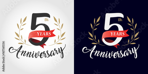 5 years anniversary number hand lettering and golden laurel wreath. Handmade calligraphy, Vintage style