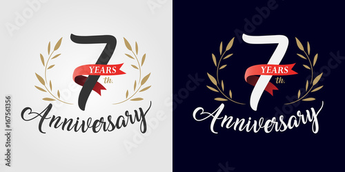 7 years anniversary number hand lettering and golden laurel wreath. Handmade calligraphy, Vintage style