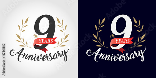 9 years anniversary number hand lettering and golden laurel wreath. Handmade calligraphy, Vintage style