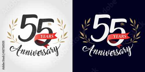 55 years anniversary number hand lettering and golden laurel wreath. Handmade calligraphy, Vintage style