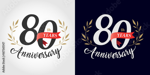 80 years anniversary number hand lettering and golden laurel wreath. Handmade calligraphy, Vintage style