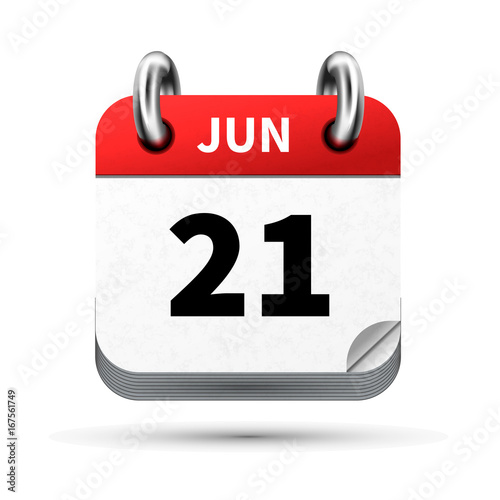 Bright realistic icon of calendar with 21 june date isolated on white