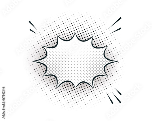 Halftone black and white comic speech bubble, isolated on white background, vector illustration. Big explosion cartoon concept, dots pattern.