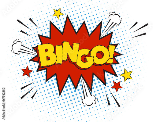 Bingo comic explosion isolated on white, vector illustration. Funny cartoon speech bubble template, big yellow word, graphic elements.