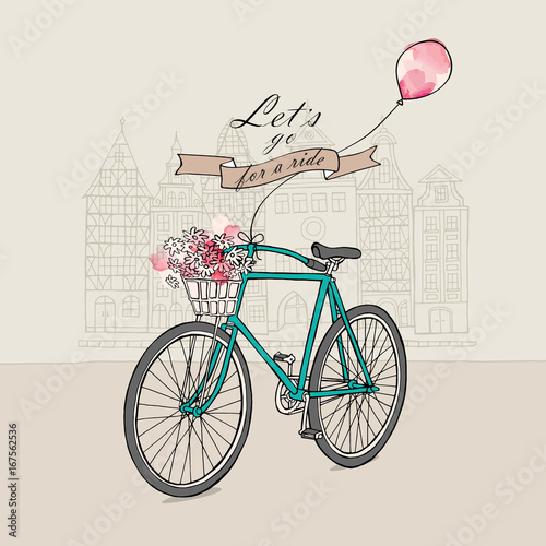 Retro bicycle with a flowers and a air balloon in a old city. Vector illustration.