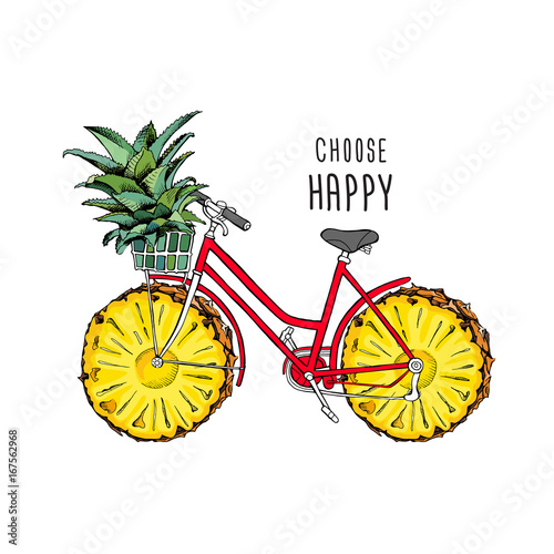 Poster design. Retro bicycle with a fruit pineapple wheels. Green top outlet in the basket. Vector illustration.