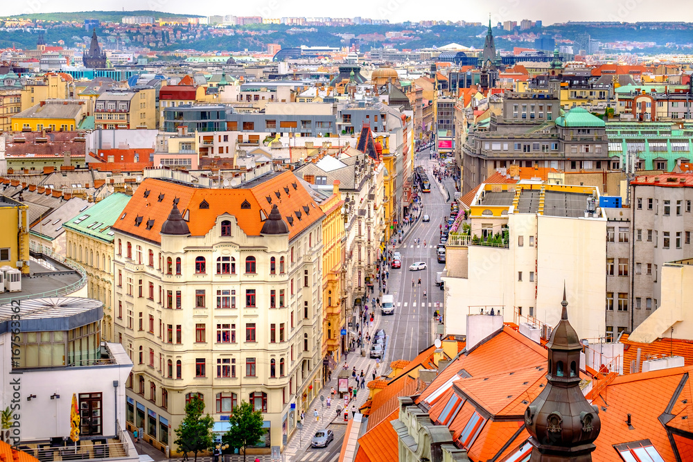 Aerial view from The New Town Hall Tower in the old center of Prague - the capital and largest city of the Czech Republic.