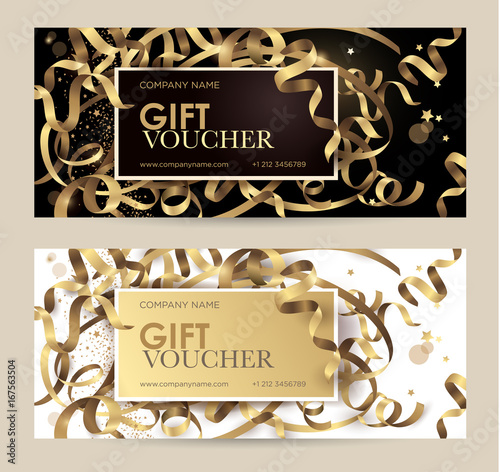 Gift voucher with gold ribbons, serpentine and glitter. Christmas gift certificate. Vector template for gift card, coupon and certificate for a spa, beauty salon, shops, cosmetics and restaurants