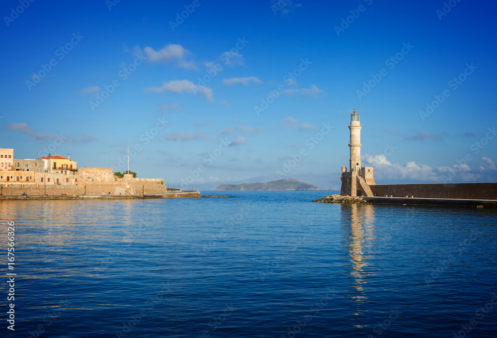 bay of Chania with lighthouse at sunny summer day, Crete, Greece, retro toned