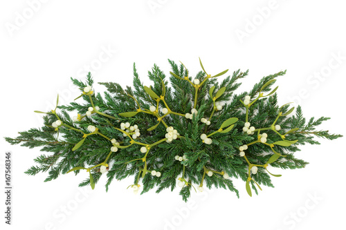 Mistletoe and juniper fir forming a decorative winter greenery display over white background.